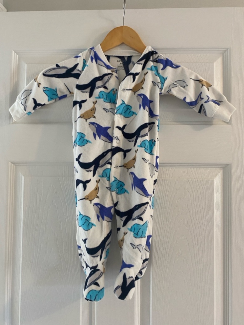 Kids One-Piece Fleece Pajamas with Whale Print - White/Blue